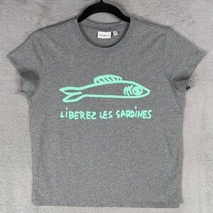 Clare V. Liberez Les Sardines Short Sleeve Shirt Women's XS Gray 100% Cotton
